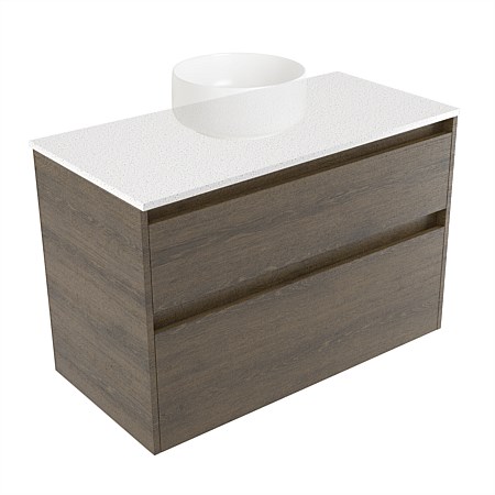 Elementi Sienna 900mm 2 Drawer Wall-Hung Vanity Motion Elestone Flat Top Smokey Oak Timberland