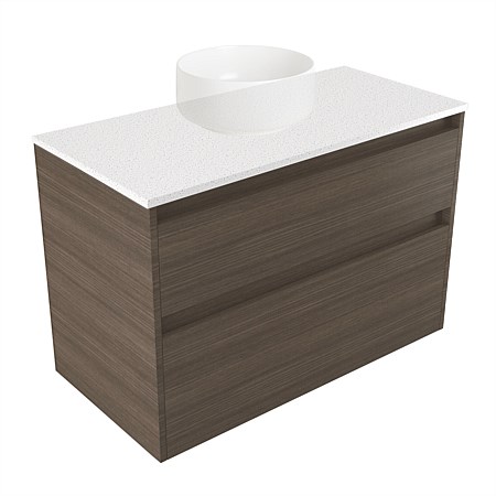 Elementi Sienna 900mm 2 Drawer Wall-Hung Vanity Motion Elestone Flat Top Charred Oak