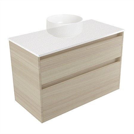 Elementi Sienna 900mm 2 Drawer Wall-Hung Vanity Motion Elestone Flat Top Seasoned Oak
