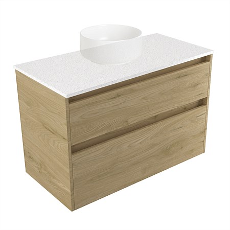 Elementi Sienna 900mm 2 Drawer Wall-Hung Vanity Motion Elestone Flat Top French Oak Velvet