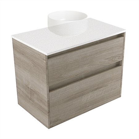 Elementi Sienna 750mm 2 Drawer Wall-Hung Vanity Motion Elestone Flat Top Ashen Walnut Timberland