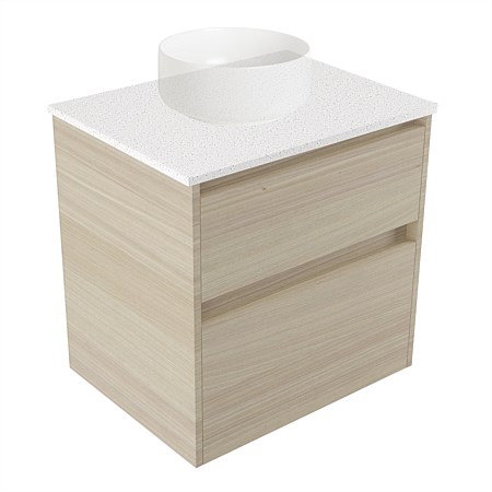 Elementi Sienna 600mm 2 Drawer Wall-Hung Vanity Motion Elestone Flat Top Seasoned Oak