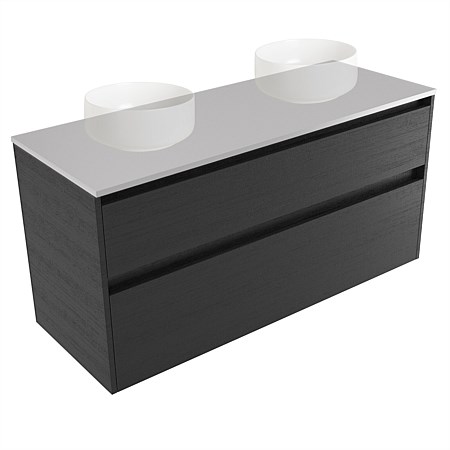 Elementi Sienna 1200mm Double 2 Drawer Wall-Hung Vanity Moonlight Elestone Flat Top Black Timberland