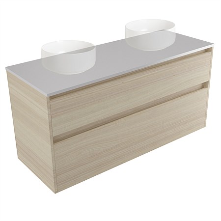 Elementi Sienna 1200mm Double 2 Drawer Wall-Hung Vanity Moonlight Elestone Flat Top Seasoned Oak