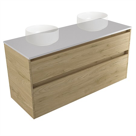 Elementi Sienna 1200mm Double 2 Drawer Wall-Hung Vanity Moonlight Elestone Flat Top French Oak Velve