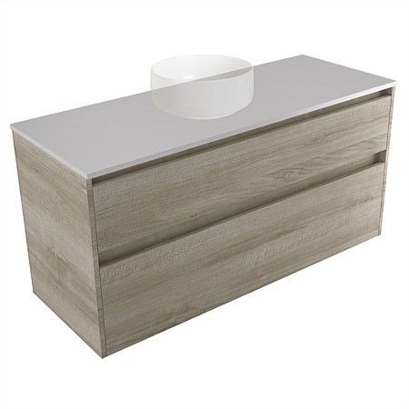 Elementi Sienna 1200mm 2 Drawer Wall-Hung Vanity Moonlight Elestone Flat Top Ashen Walnut Timberland