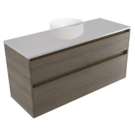 Elementi Sienna 1200mm 2 Drawer Wall-Hung Vanity Moonlight Elestone Flat Top Smokey Oak Timberland