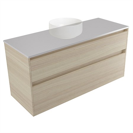 Elementi Sienna 1200mm 2 Drawer Wall-Hung Vanity Moonlight Elestone Flat Top Seasoned Oak