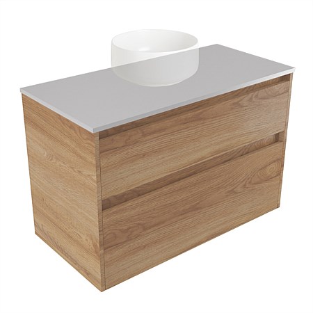 Elementi Sienna 900mm 2 Drawer Wall-Hung Vanity Moonlight Elestone Flat Top Southern Oak Timberland