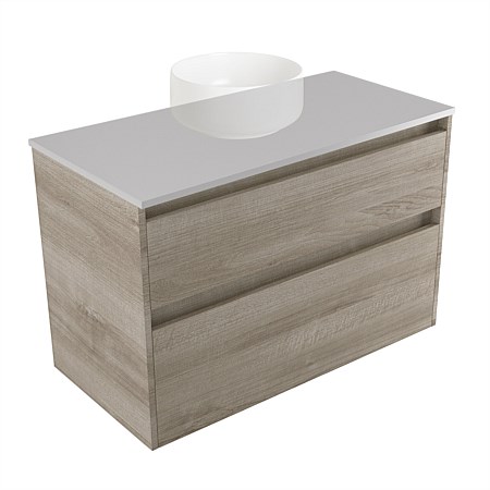 Elementi Sienna 900mm 2 Drawer Wall-Hung Vanity Moonlight Elestone Flat Top Ashen Walnut Timberland