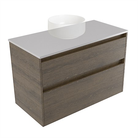 Elementi Sienna 900mm 2 Drawer Wall-Hung Vanity Moonlight Elestone Flat Top Smokey Oak Timberland