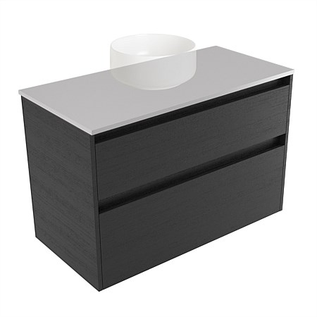 Elementi Sienna 900mm 2 Drawer Wall-Hung Vanity Moonlight Elestone Flat Top Black Timberland