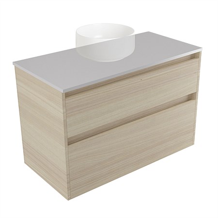 Elementi Sienna 900mm 2 Drawer Wall-Hung Vanity Moonlight Elestone Flat Top Seasoned Oak