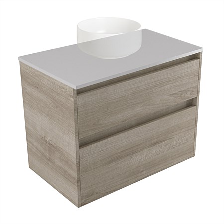 Elementi Sienna 750mm 2 Drawer Wall-Hung Vanity Moonlight Elestone Flat Top Ashen Walnut Timberland