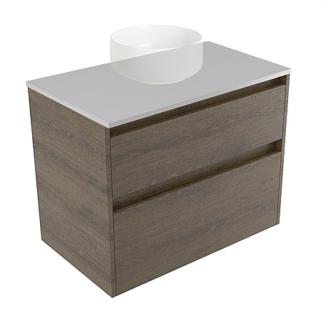 Elementi Sienna 750mm 2 Drawer Wall-Hung Vanity Moonlight Elestone Flat Top Smokey Oak Timberland