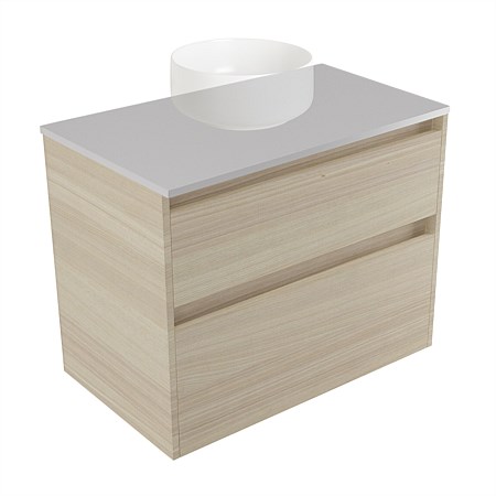 Elementi Sienna 750mm 2 Drawer Wall-Hung Vanity Moonlight Elestone Flat Top Seasoned Oak