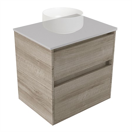 Elementi Sienna 600mm 2 Drawer Wall-Hung Vanity Moonlight Elestone Flat Top Ashen Walnut Timberland