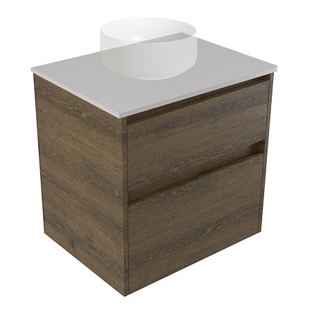 Elementi Sienna 600mm 2 Drawer Wall-Hung Vanity Moonlight Elestone Flat Top Smokey Oak Timberland
