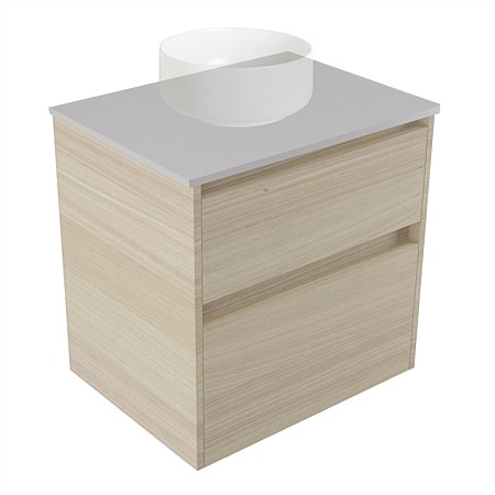 Elementi Sienna 600mm 2 Drawer Wall-Hung Vanity Moonlight Elestone Flat Top Seasoned Oak