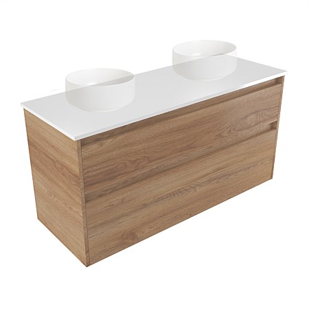 Elementi Sienna 1200mm Double 2 Drawer Wall-Hung Vanity White Elestone Top Southern Oak Timberland