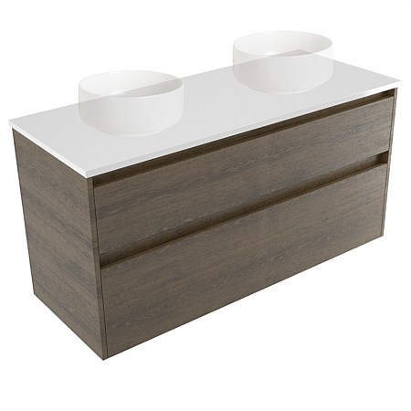 Elementi Sienna 1200mm Double 2 Drawer Wall-Hung Vanity White Elestone Top Smokey Oak Timberland