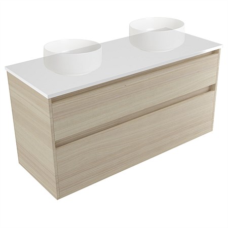 Elementi Sienna 1200mm Double 2 Drawer Wall-Hung Vanity White Elestone Top Seasoned Oak