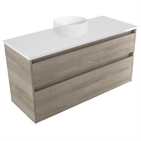 Elementi Sienna 1200mm 2 Drawer Wall-Hung Vanity White Elestone Top Ashen Walnut Timberland