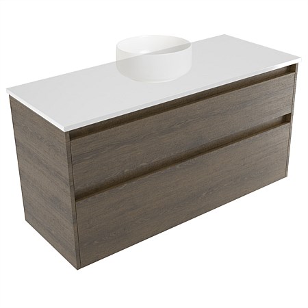 Elementi Sienna 1200mm 2 Drawer Wall-Hung Vanity White Elestone Top Smokey Oak Timberland