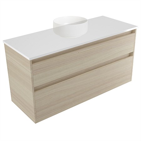 Elementi Sienna 1200mm 2 Drawer Wall-Hung Vanity White Elestone Top Seasoned Oak