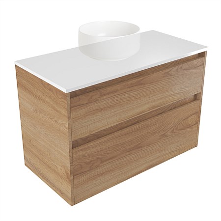 Elementi Sienna 900mm 2 Drawer Wall-Hung Vanity White Elestone Top Southern Oak Timberland