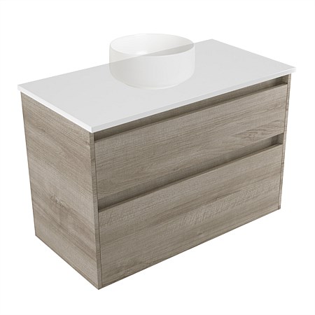 Elementi Sienna 900mm 2 Drawer Wall-Hung Vanity White Elestone Top Ashen Walnut Timberland