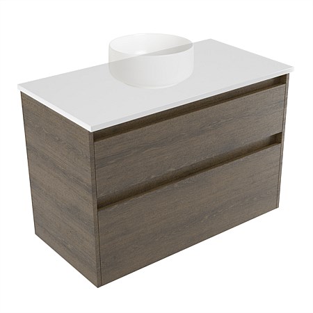 Elementi Sienna 900mm 2 Drawer Wall-Hung Vanity White Elestone Top Smokey Oak Timberland