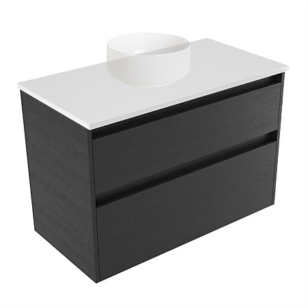 Elementi Sienna 900mm 2 Drawer Wall-Hung Vanity White Elestone Top Black Timberland