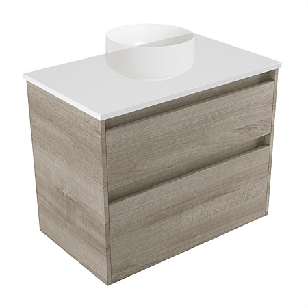 Elementi Sienna 750mm 2 Drawer Wall-Hung Vanity White Elestone Top Ashen Walnut Timberland