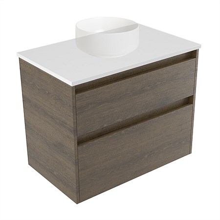 Elementi Sienna 750mm 2 Drawer Wall-Hung Vanity White Elestone Top Smokey Oak Timberland
