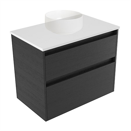 Elementi Sienna 750mm 2 Drawer Wall-Hung Vanity White Elestone Top Black Timberland