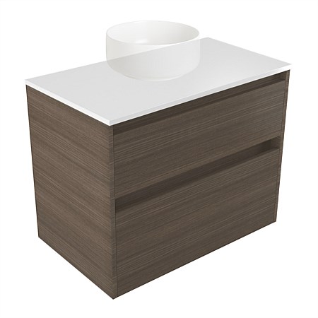 Elementi Sienna 750mm 2 Drawer Wall-Hung Vanity White Elestone Top Charred Oak