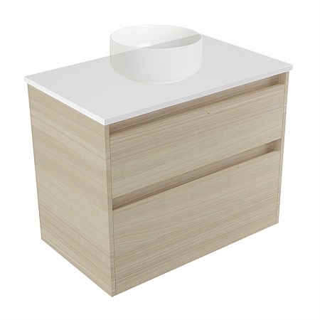 Elementi Sienna 750mm 2 Drawer Wall-Hung Vanity White Elestone Top Seasoned Oak