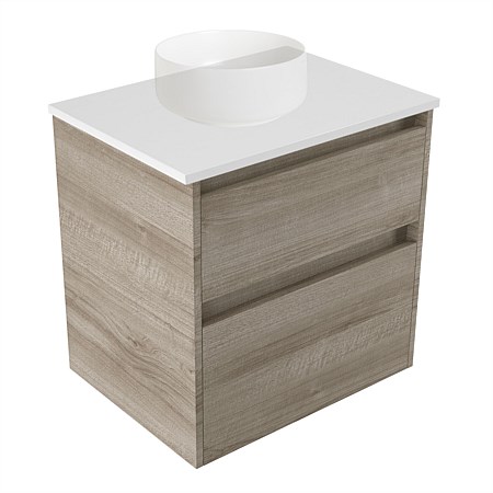 Elementi Sienna 600mm 2 Drawer Wall-Hung Vanity White Elestone Top Ashen Walnut Timberland