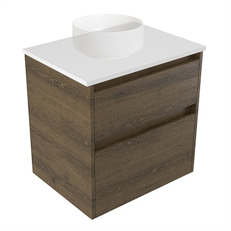Elementi Sienna 600mm 2 Drawer Wall-Hung Vanity White Elestone Top Smokey Oak Timberland