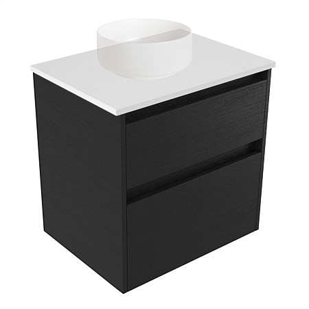 Elementi Sienna 600mm 2 Drawer Wall-Hung Vanity White Elestone Top Black Timberland