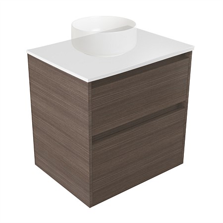 Elementi Sienna 600mm 2 Drawer Wall-Hung Vanity White Elestone Top Charred Oak