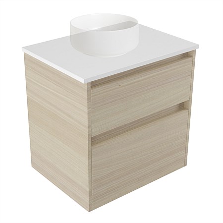 Elementi Sienna 600mm 2 Drawer Wall-Hung Vanity White Elestone Top Seasoned Oak