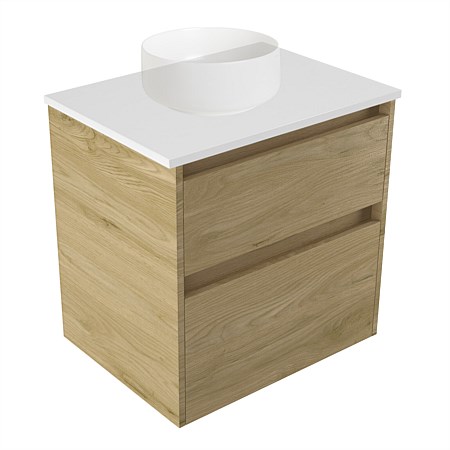Elementi Sienna 600mm 2 Drawer Wall-Hung Vanity White Elestone Top French Oak Velvet