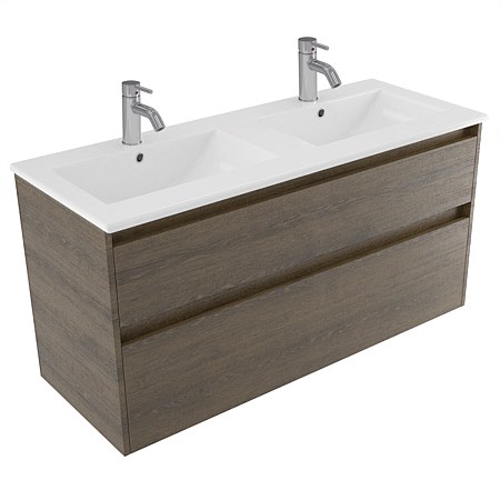 Elementi Sienna 1200mm 2 Drawer Vitreous China Wall-Hung Vanity Smokey Oak Timberland