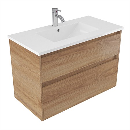 Elementi Sienna 900mm 2 Drawer Vitreous China Wall-Hung Vanity Southern Oak Timberland