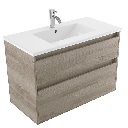 Elementi Sienna 900mm 2 Drawer Vitreous China Wall-Hung Vanity Ashen Walnut Timberland