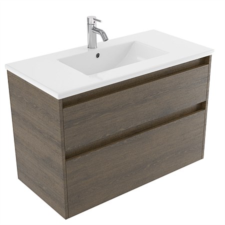 Elementi Sienna 900mm 2 Drawer Vitreous China Wall-Hung Vanity Smokey Oak Timberland