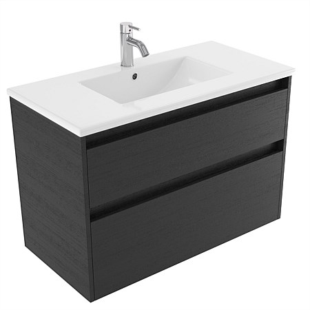 Elementi Sienna 900mm 2 Drawer Vitreous China Wall-Hung Vanity Black Timberland
