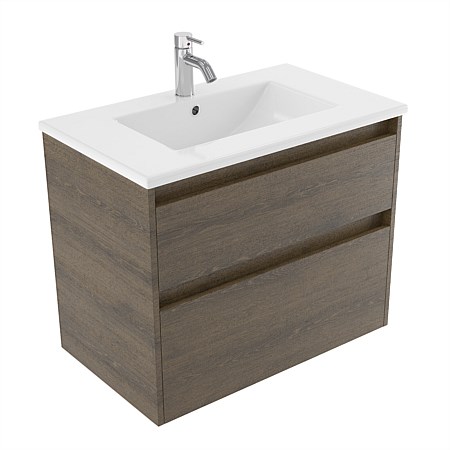 Elementi Sienna 750mm 2 Drawer Vitreous China Wall-Hung Vanity Smokey Oak Timberland